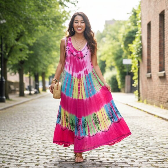 *Flowy Tie-Dye Embroidered Maxi Dress - Picture 1 of 7